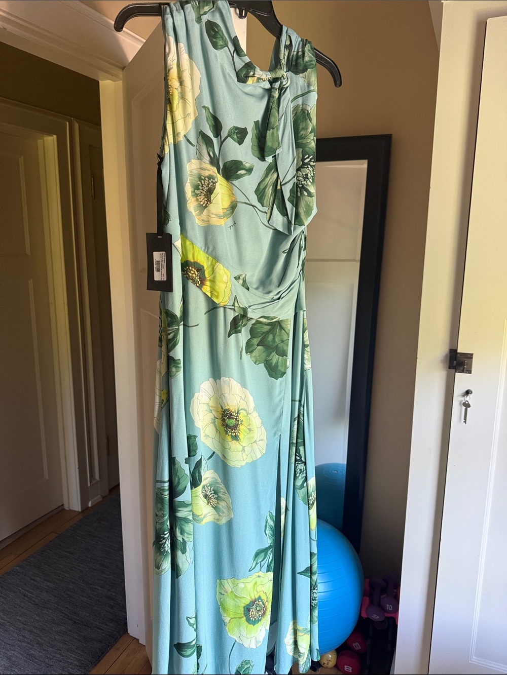 Pinko Sleeveless Floral Maxi Dress in Aqua with Yellow Blooms
